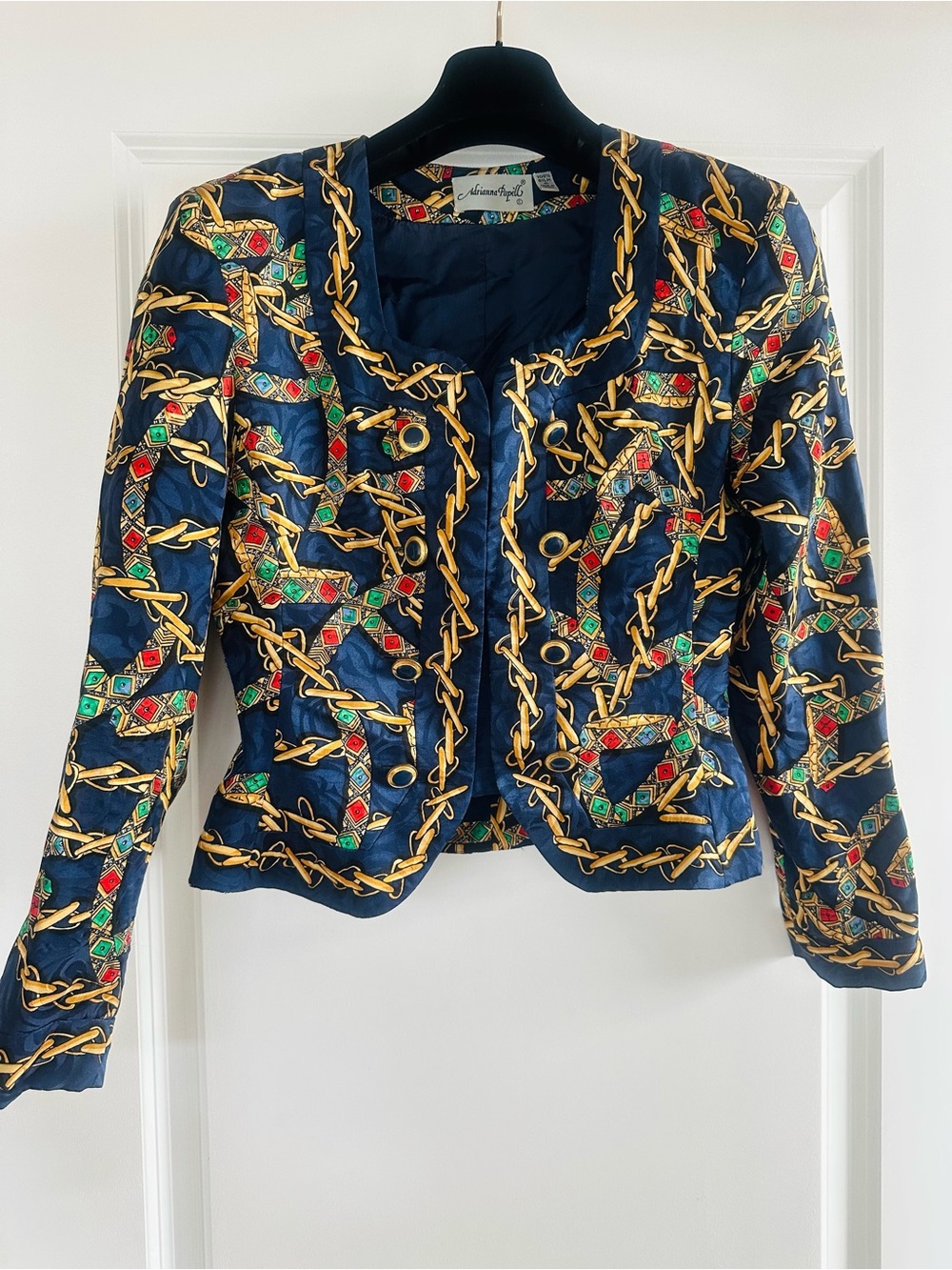 Vintage 100% Silk Adrianna Papell Navy Jacket with Gold Chain Print